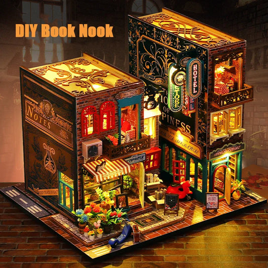 DIY Wooden Scarbrough Hotel Book Nook Doll Houses Miniature Building Kits with Furniture Led Toys for Adults Birthday Gifts
