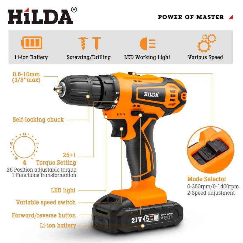 HILDA 12V 16.8V 21V Cordless Drill Electric Screwdriver Mini Wireless Power Driver DC Lithium-Ion Battery Power Tools