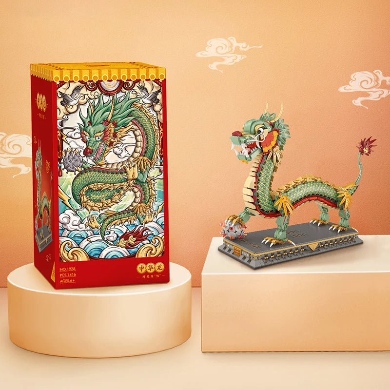 LOZ 1416pcs Chinese Dragon Model Building Blocks Creative Mini Decoration Bricks Animal Puzzle Toys With Base Kids Adults Gifts